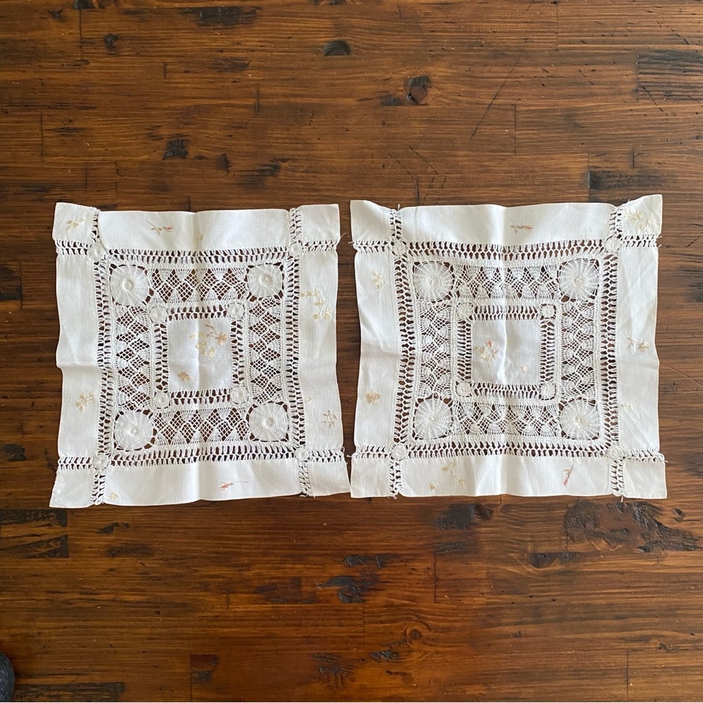 Vtg Doily White Linen‎ Handmade Lace Whitework Embroidery Square Centerpiece 2
